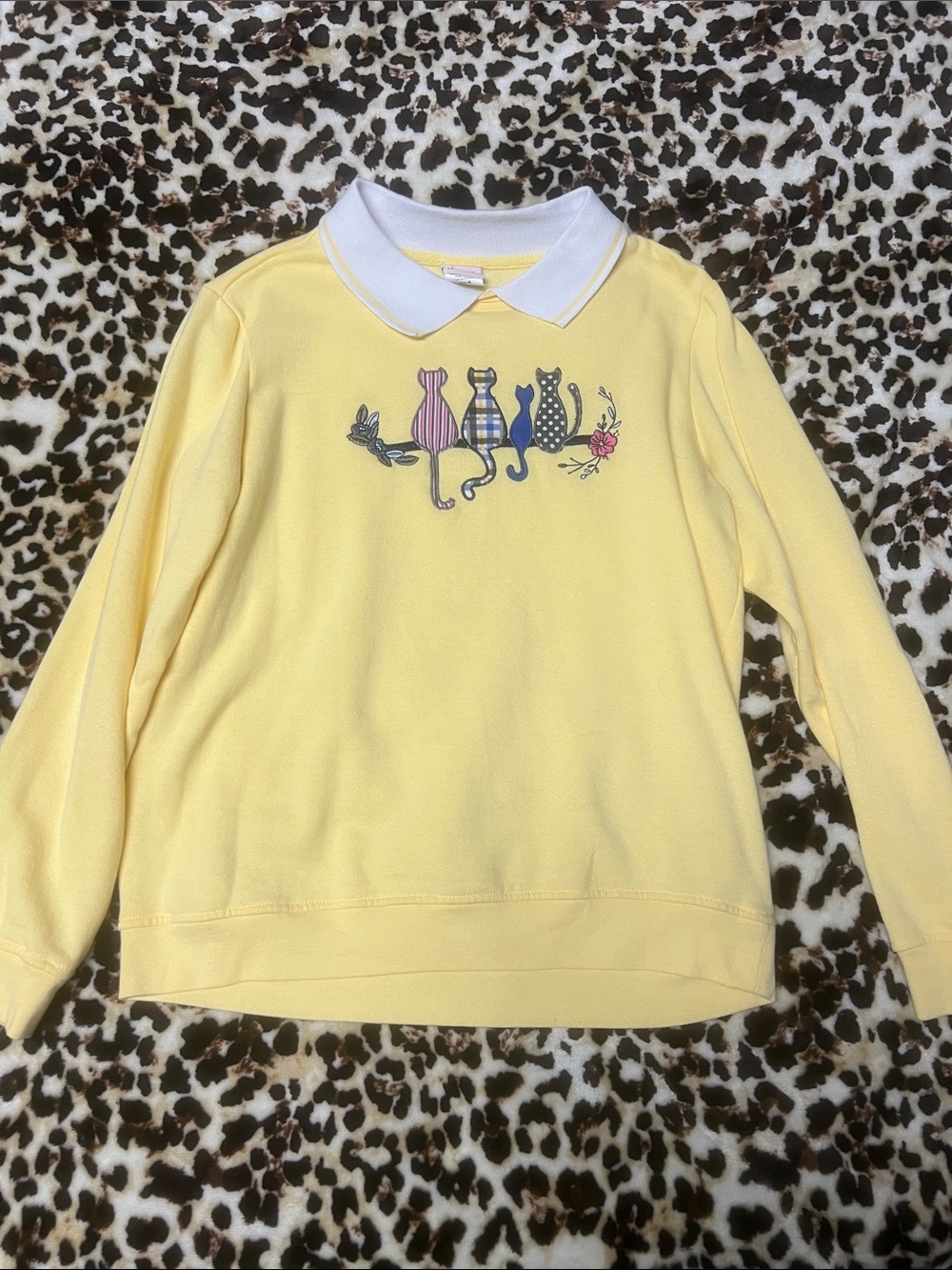 Women’s Yellow Collared Sweater with Cat Embroidery
